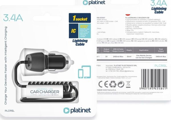 Φορτιστής Αυτοκινήτου Platinet 1x USB-A 3.4A με Ενσωματωμένο Καλώδιο Lightning, 12-24VDC, Μαύρο