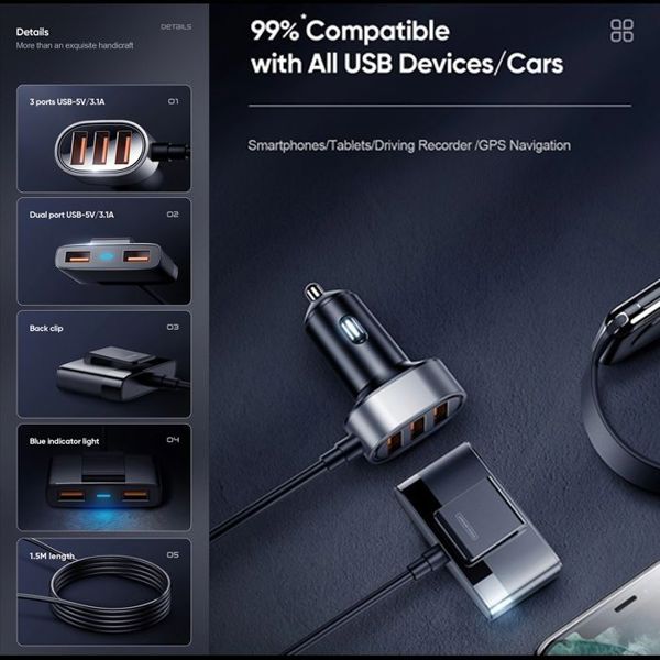 Joyroom JR-CL03 Φορτιστής Αυτοκινήτου 5 Θυρών USB-A 3.1A με Καλώδιο 1.5m