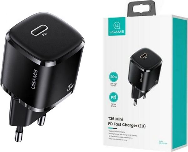 Φορτιστής Τοίχου Usams T36 Mini 20W PD3.0 με Καλώδιο USB-C σε Lightning, Λευκός