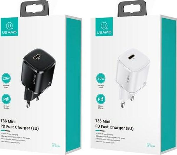 Φορτιστής Τοίχου Usams T36 Mini 20W PD3.0 με Καλώδιο USB-C σε Lightning, Λευκός