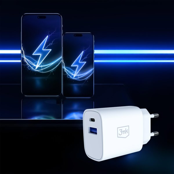 Φορτιστής 3MK FlowPower 25W, 1xUSB-A & 1xUSB-C, PD, QC4+, Λευκός