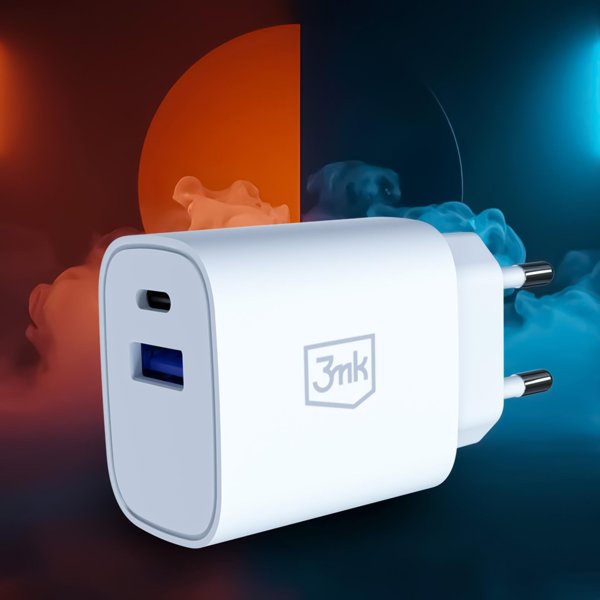 Φορτιστής 3MK FlowPower 25W, 1xUSB-A & 1xUSB-C, PD, QC4+, Λευκός