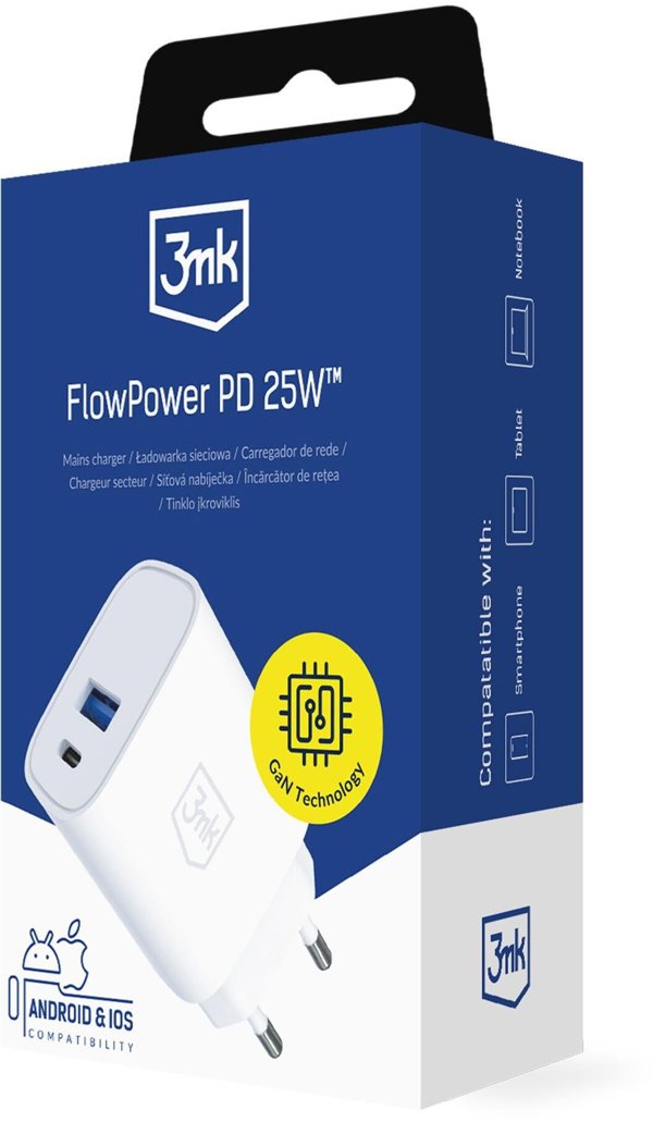 Φορτιστής 3MK FlowPower 25W, 1xUSB-A & 1xUSB-C, PD, QC4+, Λευκός