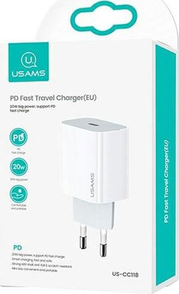 Φορτιστής Usams T34 USB-C PD 20W, Ταχεία Φόρτιση 3A, Λευκός