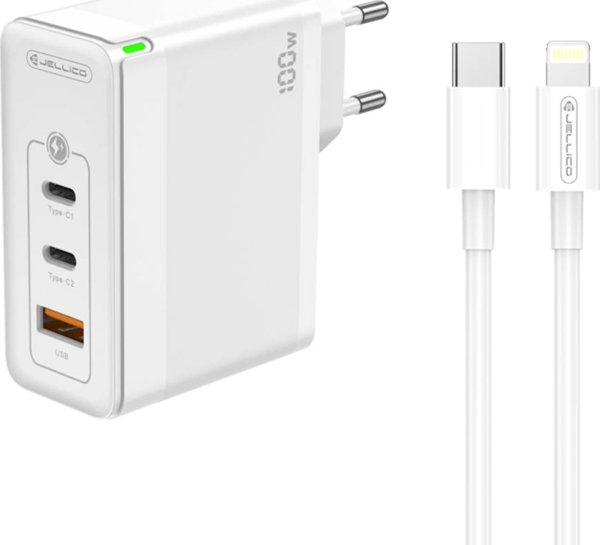 Ladowarka Jellico Ladowarka Sieciowa GaN 100W 1x QC3.0 USB + 2x PD USB-C Jellico C118 + Kabel USB-C - Lightning biale