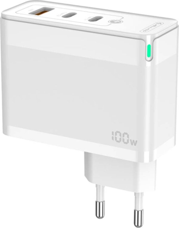 Ladowarka Jellico Ladowarka Sieciowa GaN 100W 1x QC3.0 USB + 2x PD USB-C Jellico C118 + Kabel USB-C - Lightning biale