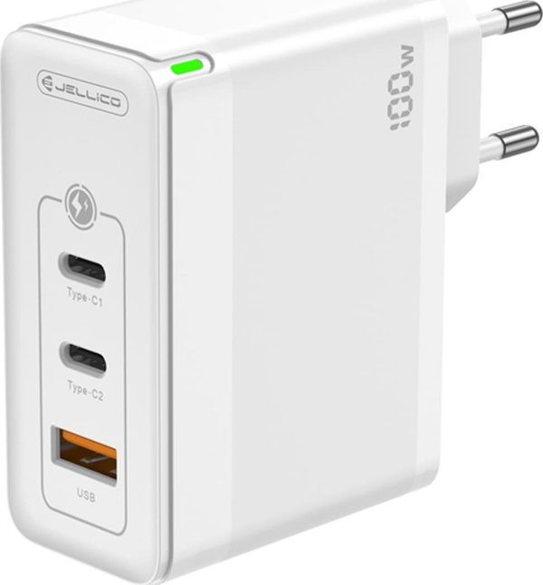 Ladowarka Jellico Ladowarka Sieciowa GaN 100W 1x QC3.0 USB + 2x PD USB-C Jellico C118 + Kabel USB-C - Lightning biale