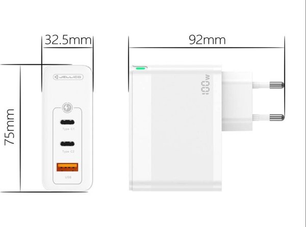 Ladowarka Jellico Ladowarka Sieciowa GaN 100W 1x QC3.0 USB + 2x PD USB-C Jellico C118 + Kabel USB-C - Lightning biale