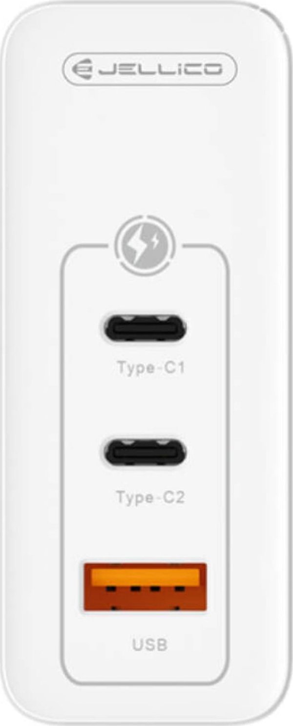 Ladowarka Jellico Ladowarka Sieciowa GaN 100W 1x QC3.0 USB + 2x PD USB-C Jellico C118 + Kabel USB-C - Lightning biale