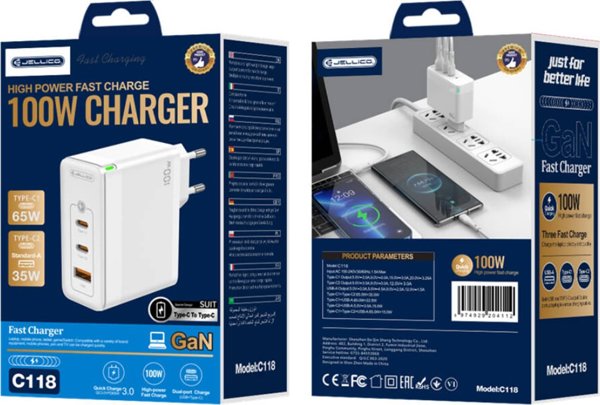 Ladowarka Jellico Ladowarka Sieciowa GaN 100W 1x QC3.0 USB + 2x PD USB-C Jellico C118 + Kabel USB-C - Lightning biale