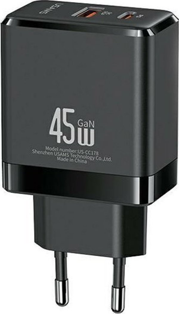 Usams Φορτιστής δικτύου USB-C+USB-A 45W GaN PD 3.0