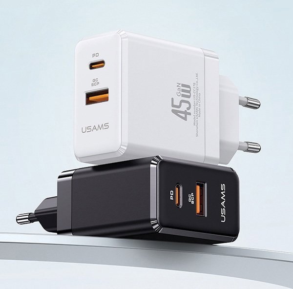 Usams Φορτιστής δικτύου USB-C+USB-A 45W GaN PD 3.0