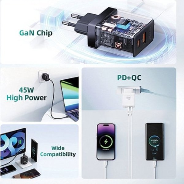 Usams Φορτιστής δικτύου USB-C+USB-A 45W GaN PD 3.0