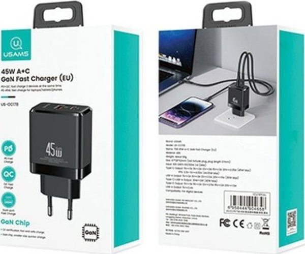 Usams Φορτιστής δικτύου USB-C+USB-A 45W GaN PD 3.0