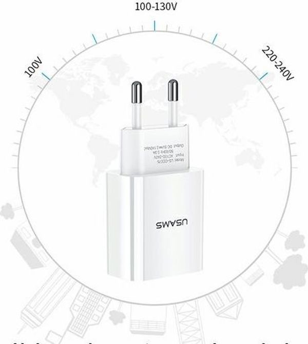 Φορτιστής Usams T18 1x USB-A 2.1A, Γρήγορη Φόρτιση, Λευκό, Ανθεκτικό Περίβλημα ABS