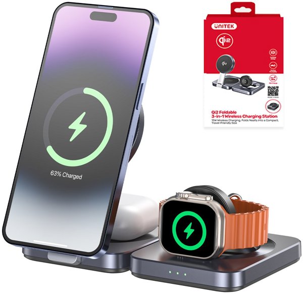 Unitek Πτυσσόμενος Σταθμός Φόρτισης 3 σε 1, Qi2, 15W, Γκρι
