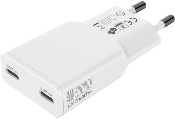 Φορτιστής τοίχου 4smarts FlatPlug Slim Dual 30W GaN 2xUSB-C λευκός