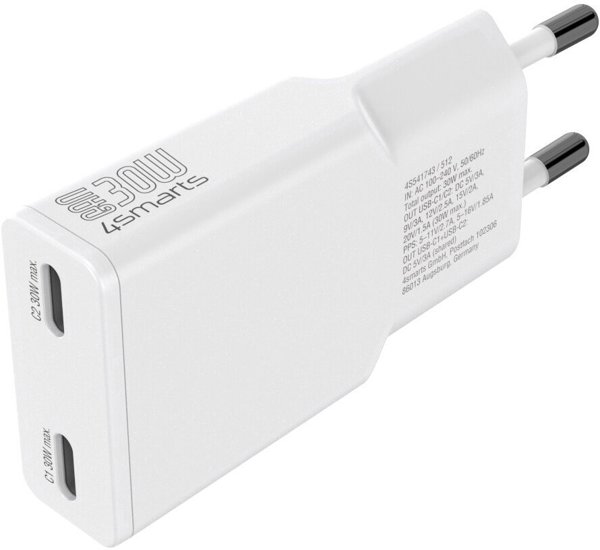 Φορτιστής τοίχου 4smarts FlatPlug Slim Dual 30W GaN 2xUSB-C λευκός