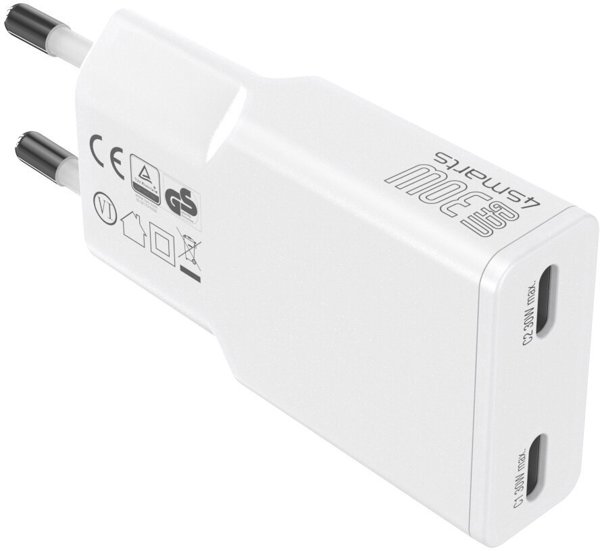 Φορτιστής τοίχου 4smarts FlatPlug Slim Dual 30W GaN 2xUSB-C λευκός