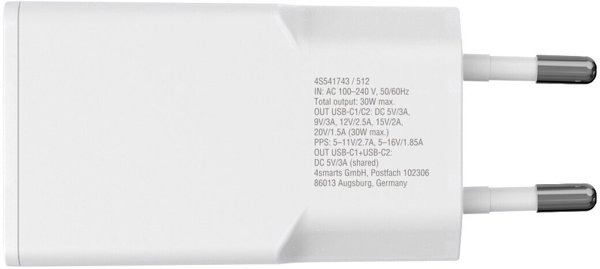 Φορτιστής τοίχου 4smarts FlatPlug Slim Dual 30W GaN 2xUSB-C λευκός