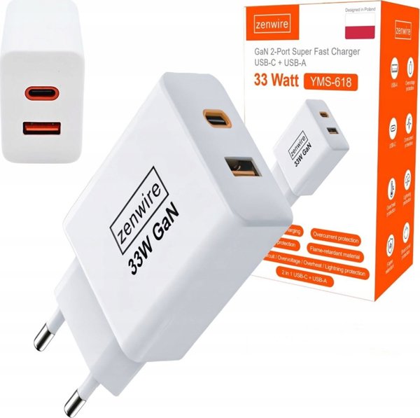 Φορτιστής Zenwire Γρήγορος Φορτιστής Τοίχου Kostka GAN III 33W USB-C USB-A για iPhone Samsung Zenwire YMS-618