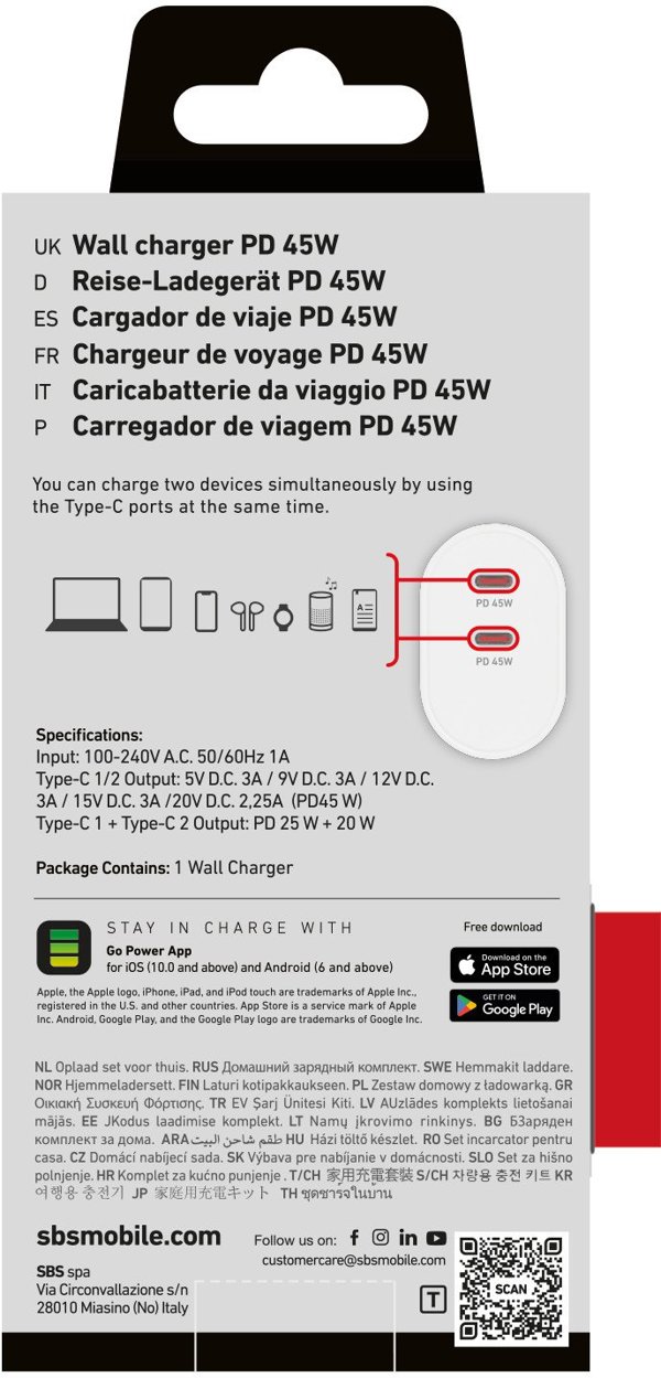 Φορτιστής SBS Mobile Φορτιστής 2x USB-C 45W 8018417405709 TETR2CPD45W