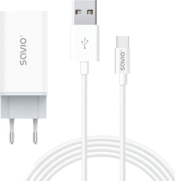 Φορτιστής Τοίχου Savio LA-07 65W GaN, Λευκός, με Καλώδιο USB-A σε USB-C 1m
