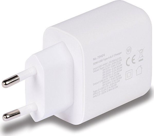 Lindy 73424 Φορτιστής Τοίχου 30W Universal, 1x USB & 1x USB-C με Γρήγορη Φόρτιση, Λευκό