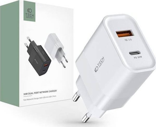 Φορτιστής Τοίχου Tech-Protect C30W, 1x USB-A (QC3.0) & 1x USB-C (PD20W), 3A, Λευκός