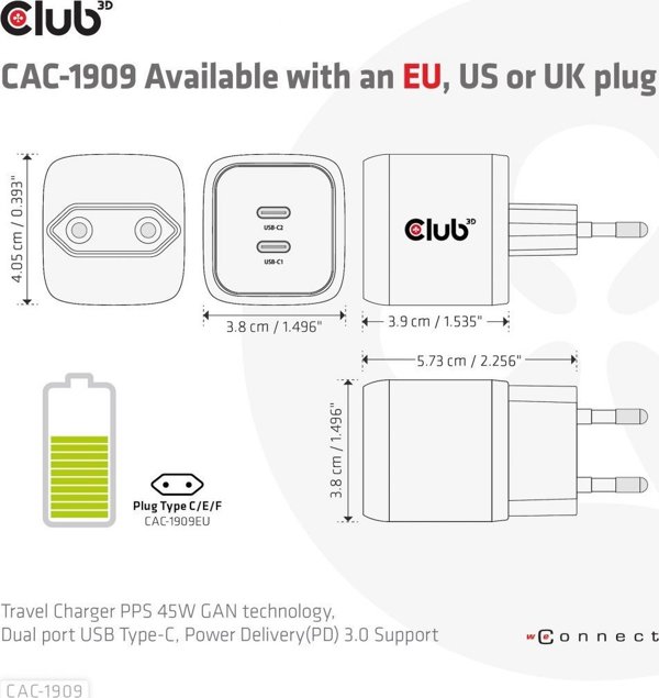Club 3D CAC-1909EU Φορτιστής Τοίχου 100W, Μαύρο