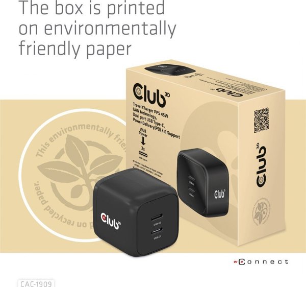 Club 3D CAC-1909EU Φορτιστής Τοίχου 100W, Μαύρο