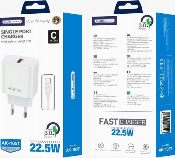 Ladowarka Jellico JELLICO ladowarka sieciowa AK165 22,5W 1xUSB QC3.0 + kabel USB-C Bialy