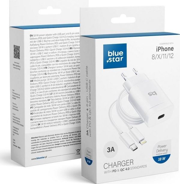 Φορτιστής Blue Star USB-C 18W PD, Ταχεία Φόρτιση για Smartphone, Λευκό
