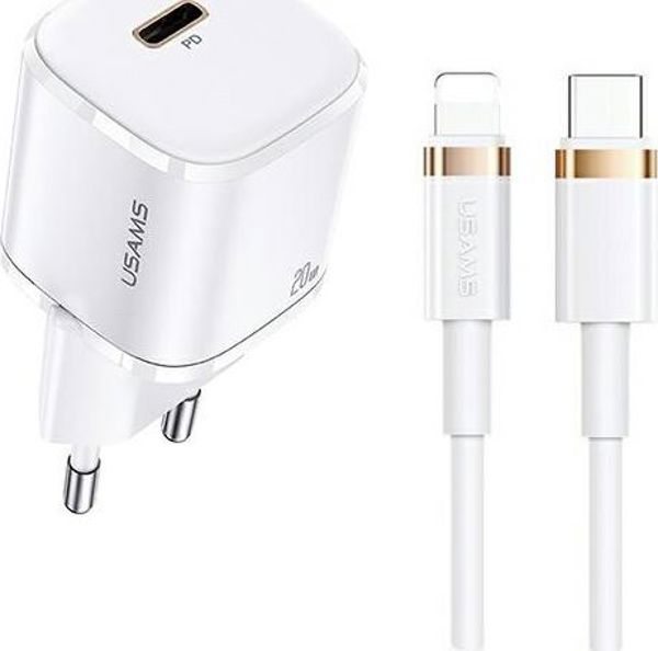 Usams T36 Mini Φορτιστής Τοίχου 20W USB-C PD 3.0 με Καλώδιο USB-C σε Lightning - Λευκό