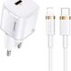Usams T36 Mini Φορτιστής Τοίχου 20W USB-C PD 3.0 με Καλώδιο USB-C σε Lightning - Λευκό