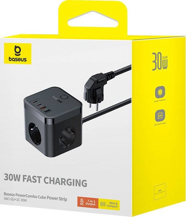 Baseus PowerCombo Cube Πολύπριζο 3AC+2U+2C 30W με Καλώδιο 1.5m EU - Μαύρο