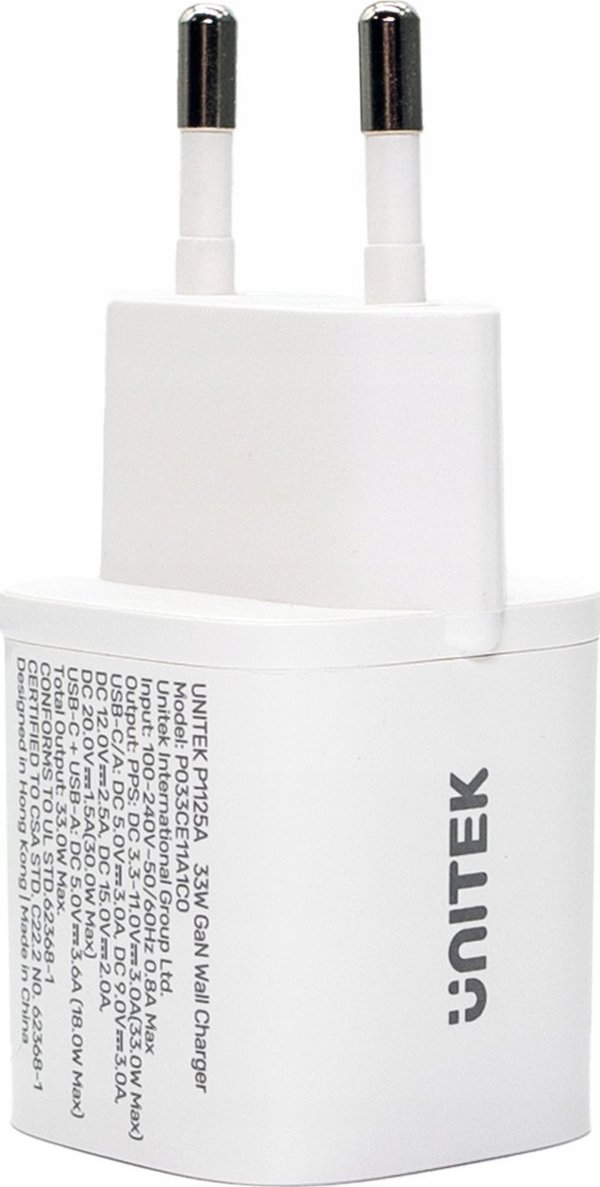 Unitek Φορτιστής Τοίχου 33W, 1x USB-A & 1x USB-C, QC 3.0, Λευκός