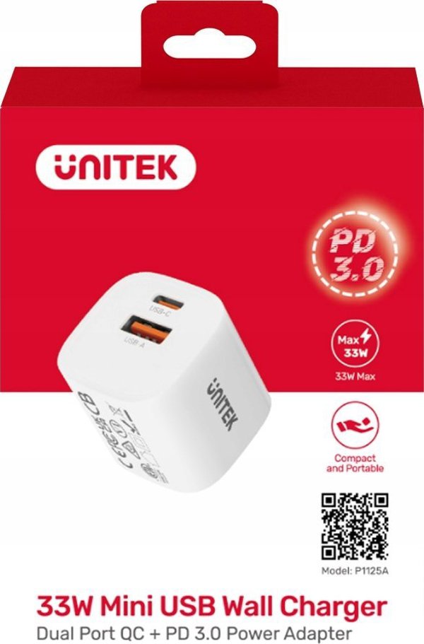 Unitek Φορτιστής Τοίχου 33W, 1x USB-A & 1x USB-C, QC 3.0, Λευκός