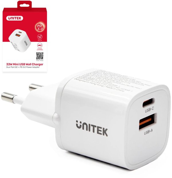 Unitek Φορτιστής Τοίχου 33W, 1x USB-A & 1x USB-C, QC 3.0, Λευκός