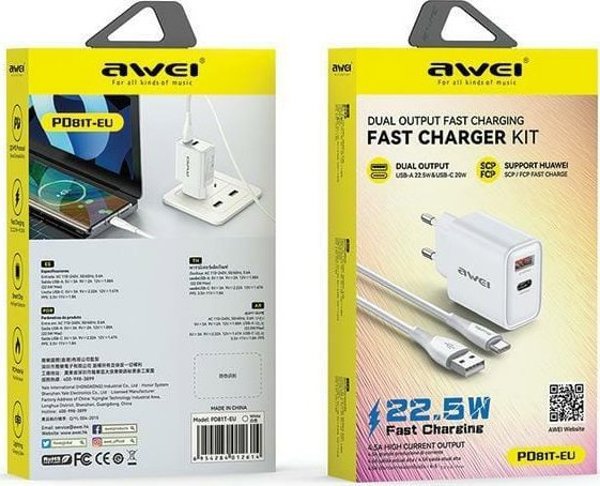 Ladowarka Awei AWEI lad. siec. PD81T-EU 22.5W + kabel USB + USB-C biala/white GaN