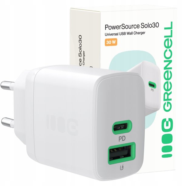 Φορτιστής Τοίχου Green Cell PowerSource Duo30, 30W, USB-C & USB-A, Power Delivery, QC3.0, Λευκός
