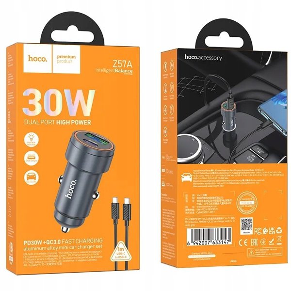 Φορτιστής αυτοκινήτου Hoco USB A + USB C QC3.0 PD 30W + καλώδιο USB C σε USB C Z57A μαύρος