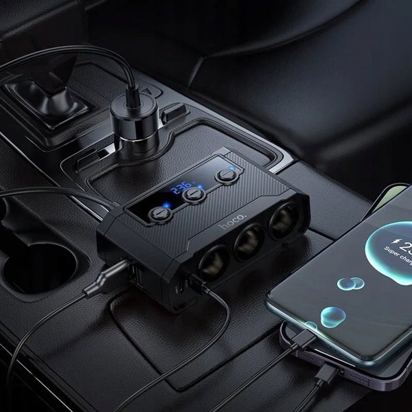 Φορτιστής Αυτοκινήτου Hoco με Διαχωριστή 2xUSB A + 2xUSB C + 3 Θύρες Αναπτήρα QC3.0 PD 240W Z64 Μαύρος