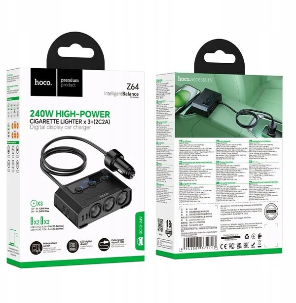 Φορτιστής Αυτοκινήτου Hoco με Διαχωριστή 2xUSB A + 2xUSB C + 3 Θύρες Αναπτήρα QC3.0 PD 240W Z64 Μαύρος