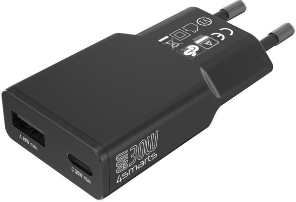 Φορτιστής δικτύου 4smarts FlatPlug Duos 30W GaN USB-C/USB-A μαύρος