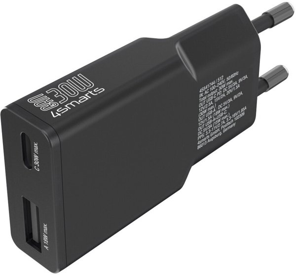 Φορτιστής δικτύου 4smarts FlatPlug Duos 30W GaN USB-C/USB-A μαύρος