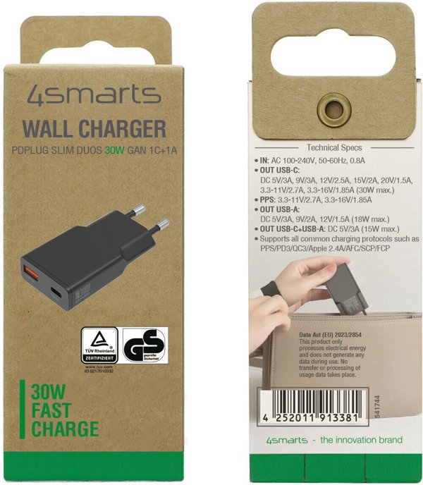 Φορτιστής δικτύου 4smarts FlatPlug Duos 30W GaN USB-C/USB-A μαύρος