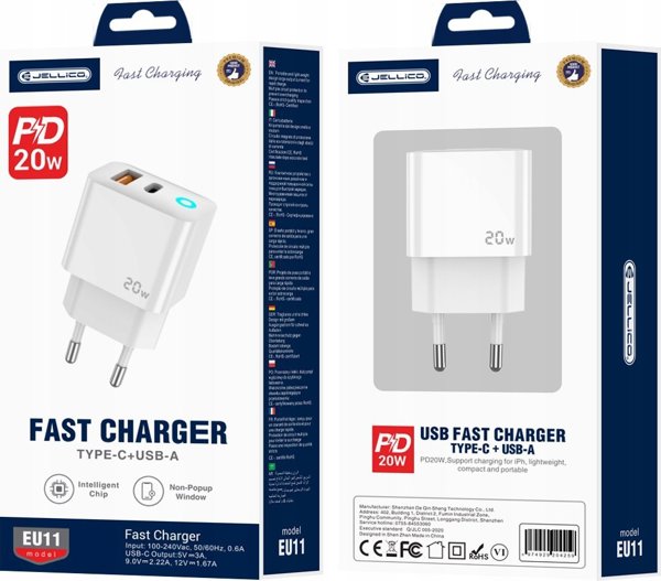 Ladowarka Jellico JELLICO ladowarka sieciowa EU11 PD 20W 1xUSB-C + 1xUSB QC3.0 Biay