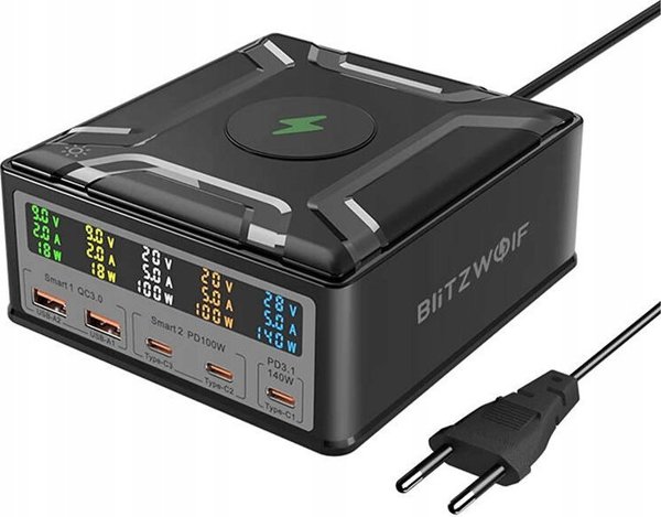 BlitzWolf BW-S28 Σταθμός Φόρτισης 260W, 2xUSB-A & 3xUSB-C, Με Ασύρματη Φόρτιση 15W, Μαύρο