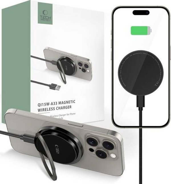 Tech-Protect QI15W-A33 Μαγνητικός Ασύρματος Φορτιστής MagSafe 15W, Μαύρος, Καλώδιο 1m